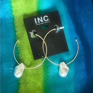 NWT! INC Gold-tone, Faux Baroque Pearl drop C-Hoop Statement Earrings